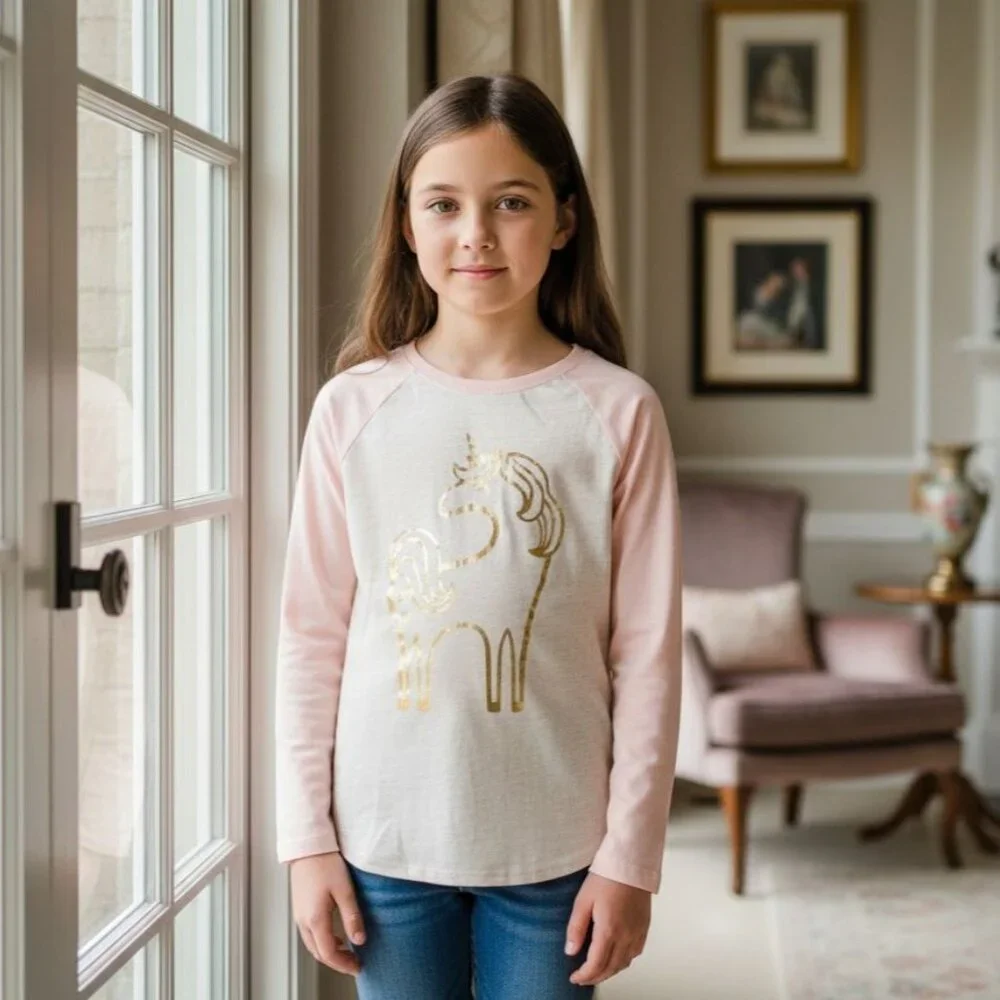 Cat & Jack L Kid Shirt Girl Unicorn Long Sleeve Graphic Top Lightweight Pullover